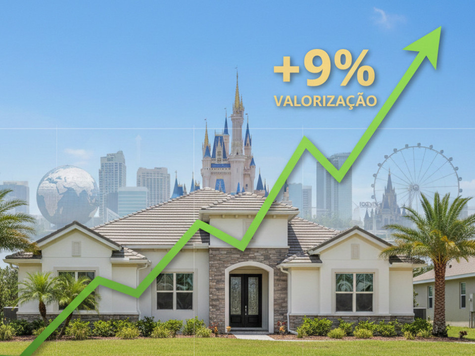Gráfico de valorização imobiliária em alta com skyline de Orlando ao fundo, simbolizando a potencial alta de 9% nos preços com a proposta de eliminação do imposto predial na Flórida.