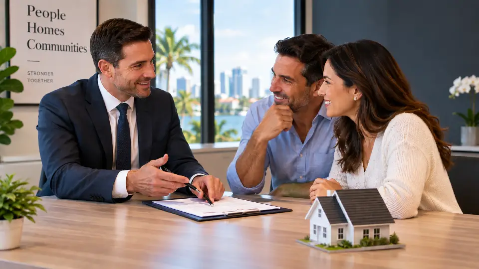 Mortgage loan officer conversando com compradores sobre financiamento de imóvel nos EUA