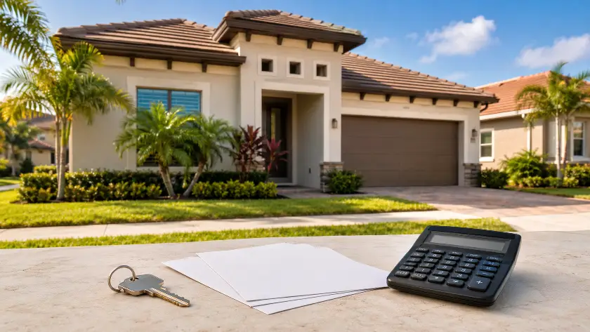 Casa na Flórida com chave, documentos e calculadora representando a Homestead Exemption