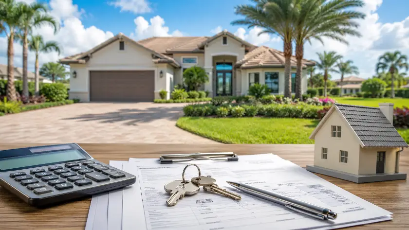 Documentos de propriedade, calculadora e casa na Flórida representando o cálculo do property tax