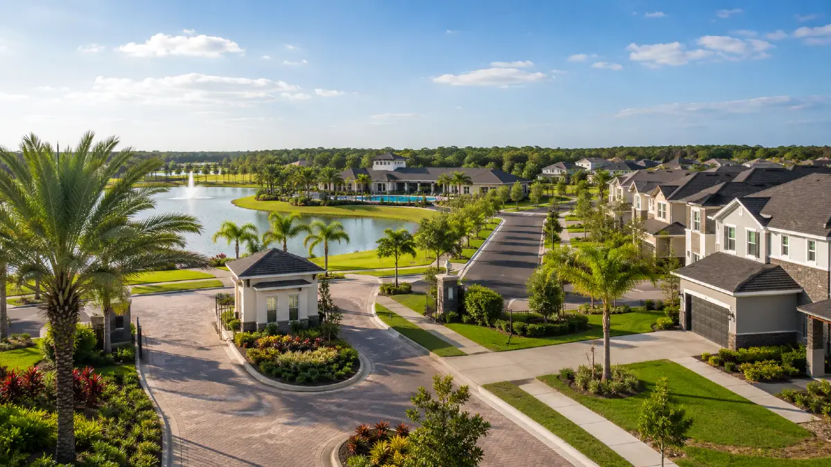 Condomínio residencial planejado inspirado em Winter Garden, na Flórida, com casas modernas, palmeiras, lago, áreas verdes e ruas bem cuidadas