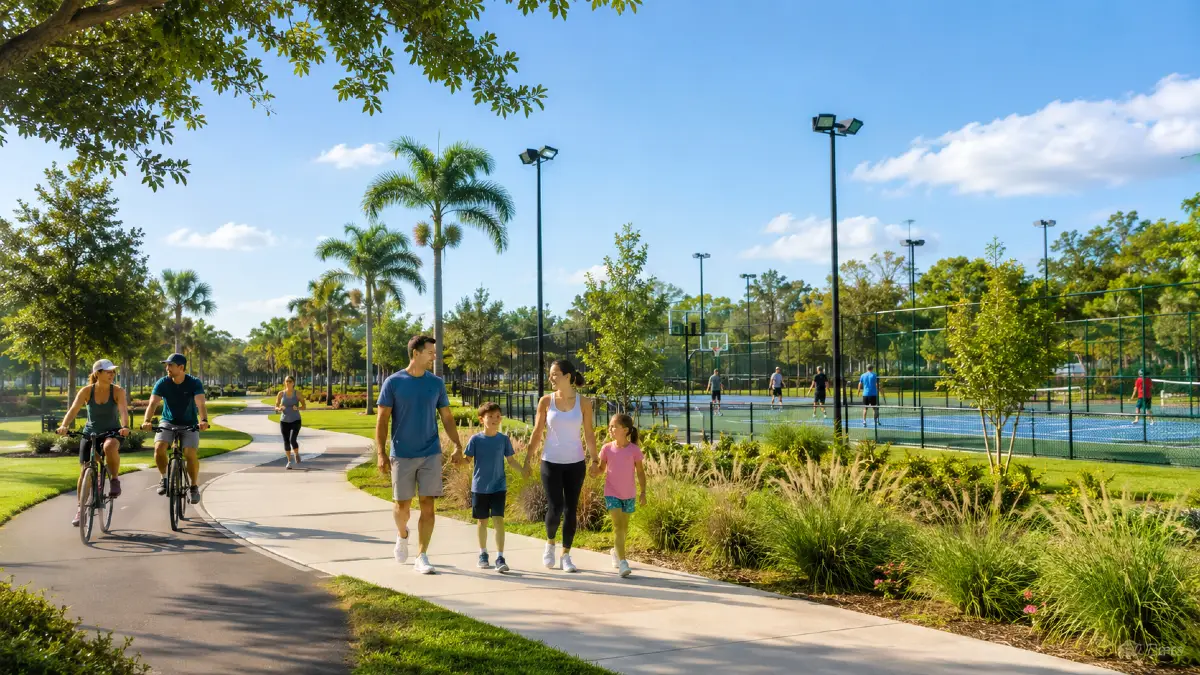 Família caminhando em parque ensolarado inspirado em Winter Garden, na Flórida, com ciclistas, quadras esportivas e pessoas praticando atividades ao ar livre