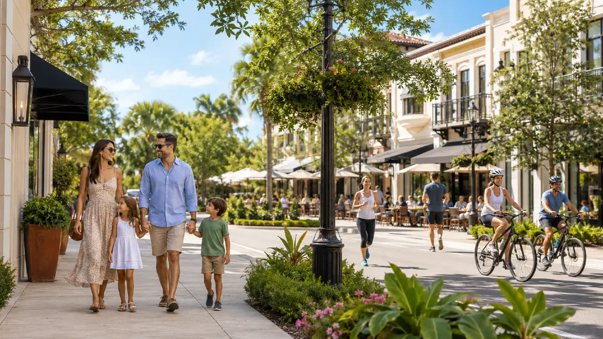 Família caminhando em área charmosa inspirada em Winter Garden, na Flórida, com restaurantes, ciclistas e pessoas se exercitando ao ar livre