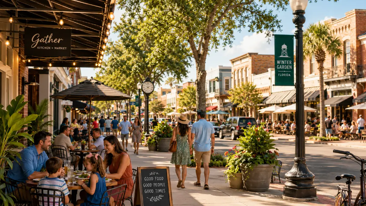 Restaurante com mesas ao ar livre em área charmosa inspirada em Winter Garden, na Flórida, com pessoas caminhando e ambiente ensolarado